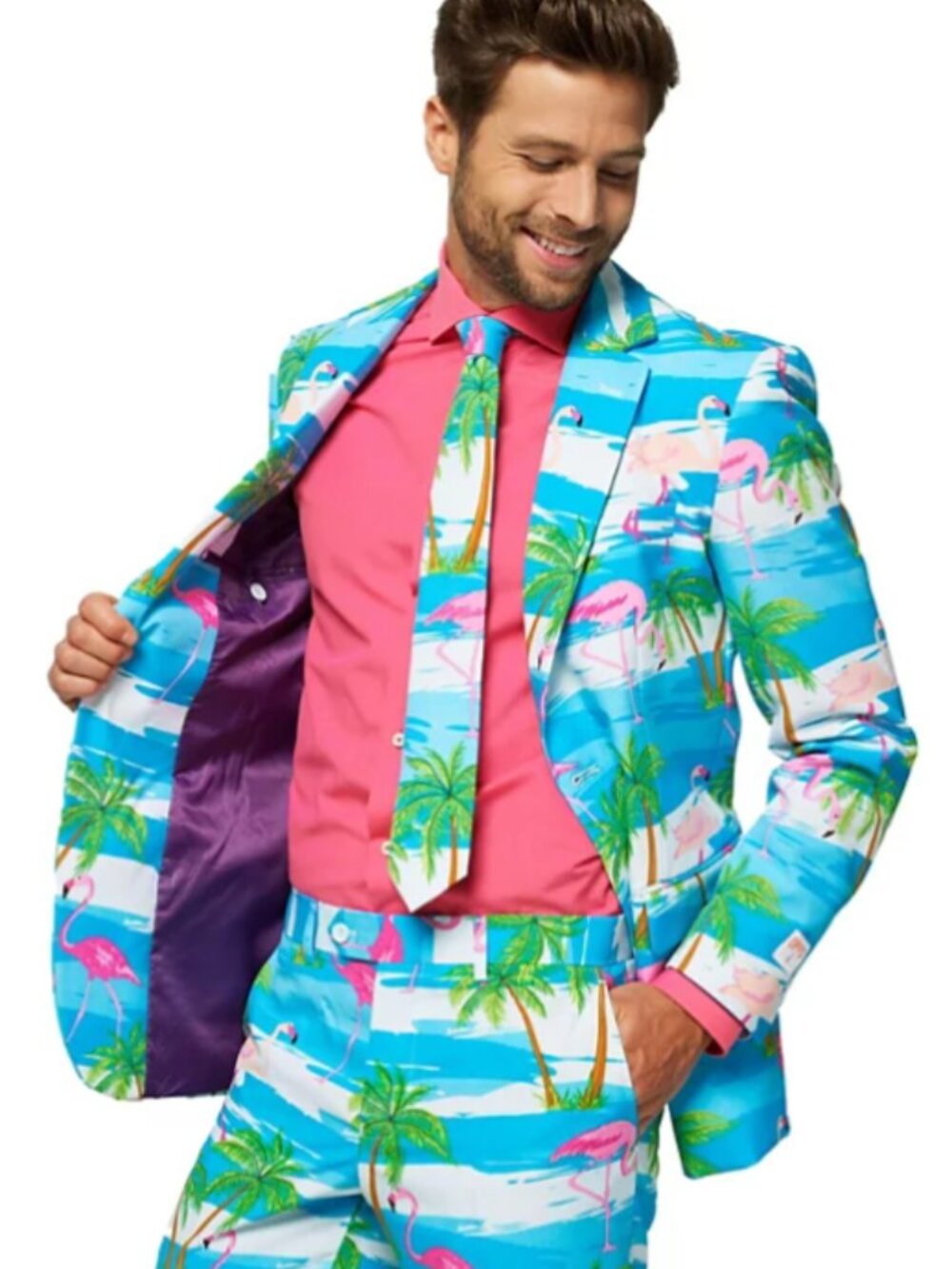 OppoSuits Mens 38 Jacket Pants Suit Tropical Flamingo Beach Party Blue Pink NEW.